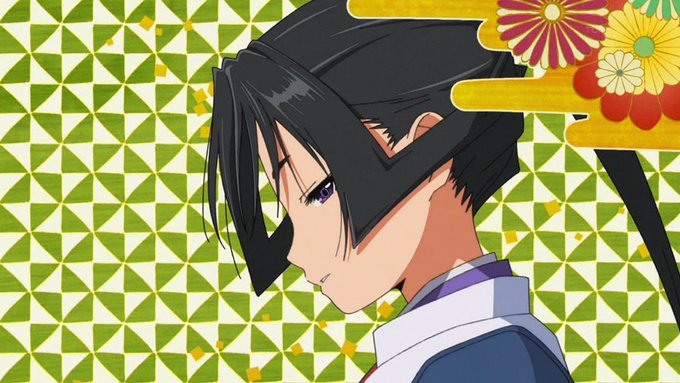 the image features an anime girl with long black hair tied in a ponytail, wearing a blue and white kimonostyle outfit. she has fair skin and striking purple eyes. the background is a geometric pattern of green and yellow, reminiscent of traditional japanese designs. there are also stylized flower decorations in the top right corner, adding a touch of elegance and festivity. the lighting is soft, casting subtle shadows and highlighting the girl's features. overall, the image exudes a serene and graceful aura, reflecting elements of japanese culture and aesthetics.