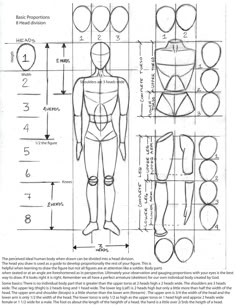 the image is a drawing guide for artists who are learning to draw human anatomy. it provides a basic outline of the human body broken down into a headbased system of proportions, which can be used to draw figures from different angles. the drawing shows the head, torso, legs, and arms in different positions, along with their proportional measurements based on head size. the drawing also includes a number of notes and labels that can help artists better understand how the human body works. the image is useful for beginners and professionals alike who are looking to improve their figure drawing skills.