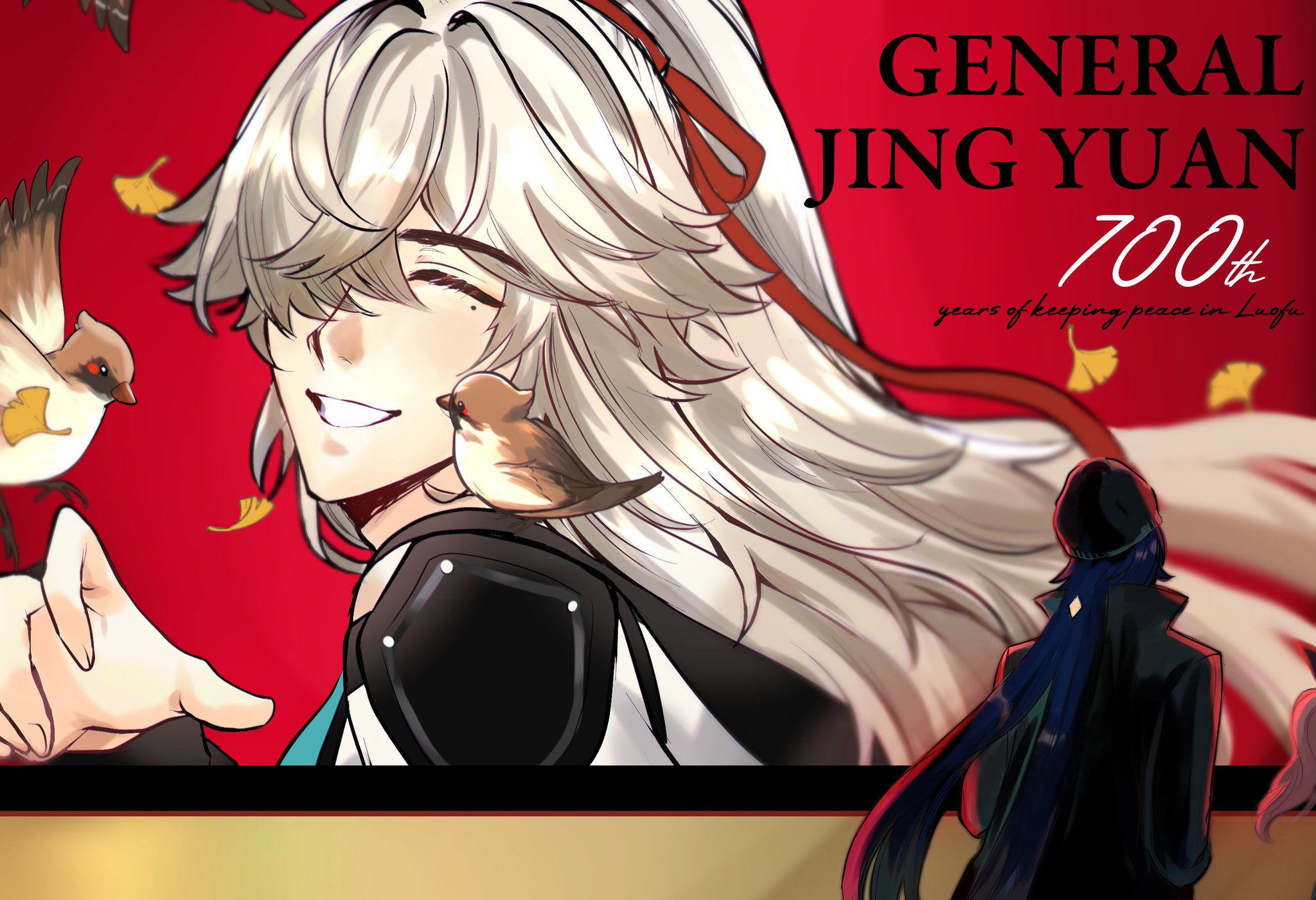 a digital illustration of general jing yuan from the game honkai: star rail. he is a tall, slender man with long, white hair and green eyes. he is wearing a white and blue uniform. he is standing in front of a red banner that reads "general jing yuan 700th years of keeping peace in lufu." a man with dark blue hair is looking at the banner.