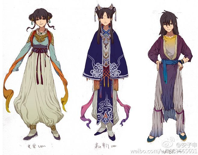 this image shows three character designs for a chineseinspired animated series. each character is drawn in a detailed and expressive style. the first character is a young woman with long black hair and a traditional chinese outfit. her outfit is a mix of blue, green, white, and orange. the second character is a young man with short black hair and a traditional chinese outfit. his outfit is mostly blue and white with accents of red, green and orange. the third character is a young woman with long black hair and a traditional chinese outfit. her outfit is mostly purple with accents of blue, yellow and white. the designs are vibrant and expressive, and they capture the imagination.
