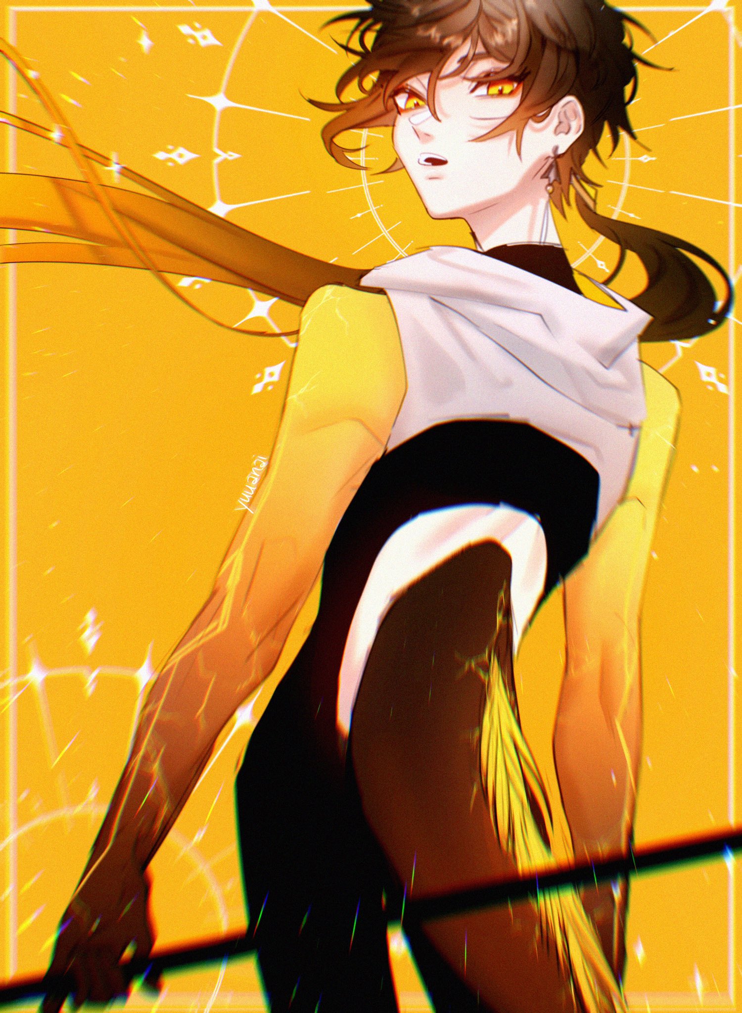 an anime character with long brown hair wearing a yellow and black costume stands against a bright yellow background with an abstract design. they hold a black staff with a yellow feather pattern. the character appears to be a woman with glowing yellow skin and a white hoodie, with a determined expression. the art style is colorful and vibrant, with a heavy emphasis on glowing light effects. the background is abstract and uses geometric shapes with a light, starry pattern.