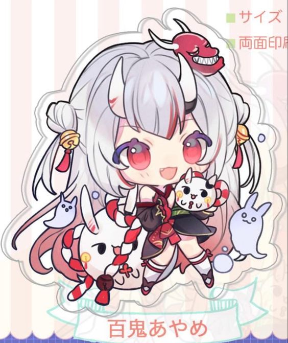 the image features a cartoon character, an anime girl with white hair and red horns. she has red eyes and wears a black and red japanesestyle outfit. she is holding a small white creature. the background is a transparent acrylic stand with japanese text.