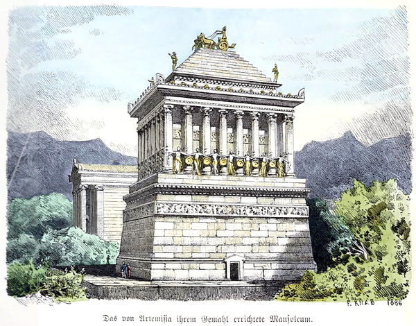 the image is a colorful rendering of the mausoleum at halicarnassus, an ancient tomb and one of the seven wonders of the ancient world. the rendering depicts the monument as a grand, multitiered structure. the base is a large rectangular block of stone, supporting a layer of decorative friezes and then a row of statues or figures. above that is a colonnaded section with tall columns supporting a roof. atop the roof is a stepped pyramid crowned with a statue of a chariot drawn by horses. the illustration is set within a landscape featuring trees and mountains in the background. in the lower right corner, the name "f. knab" and the date "1886" are visible. a caption in german is located at the bottom of the image.