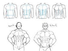 the image shows a drawing tutorial on how to draw different levels of muscle definition on a male torso. the tutorial features four sketches of male torsos with varying degrees of muscle definition, along with two examples of more stylized drawings of muscular men.