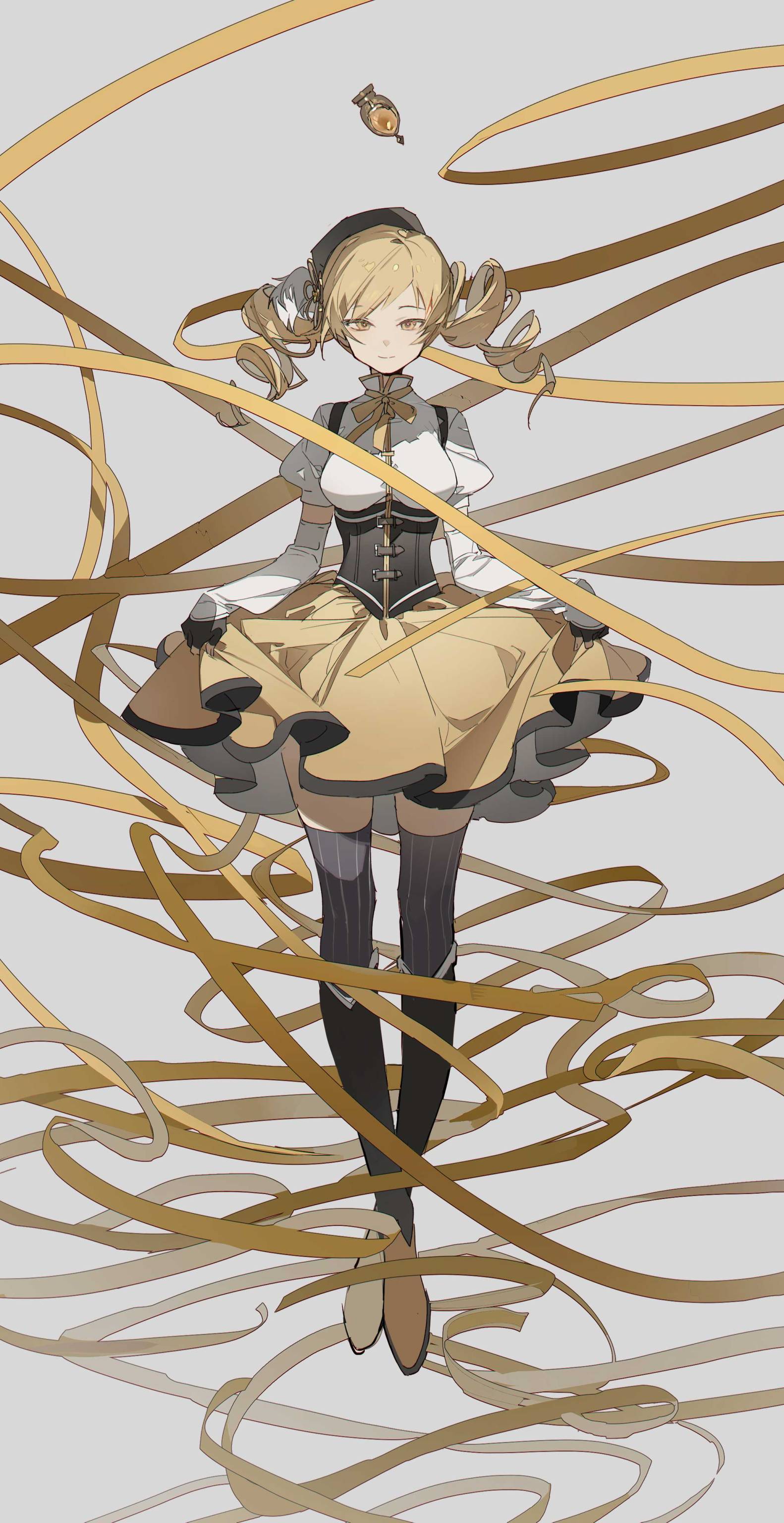 the image is an illustration of mami tomoe from the anime series madoka magica. she is a magical girl with blonde hair styled in large ponytails and adorned with ribbons. she is wearing her signature outfit, which includes a white blouse, a black corsetlike bodice, a yellow skirt, black stockings, and tan footwear. she is surrounded by floating, golden ribbons. above her head is an amulet. the background is a light gray.