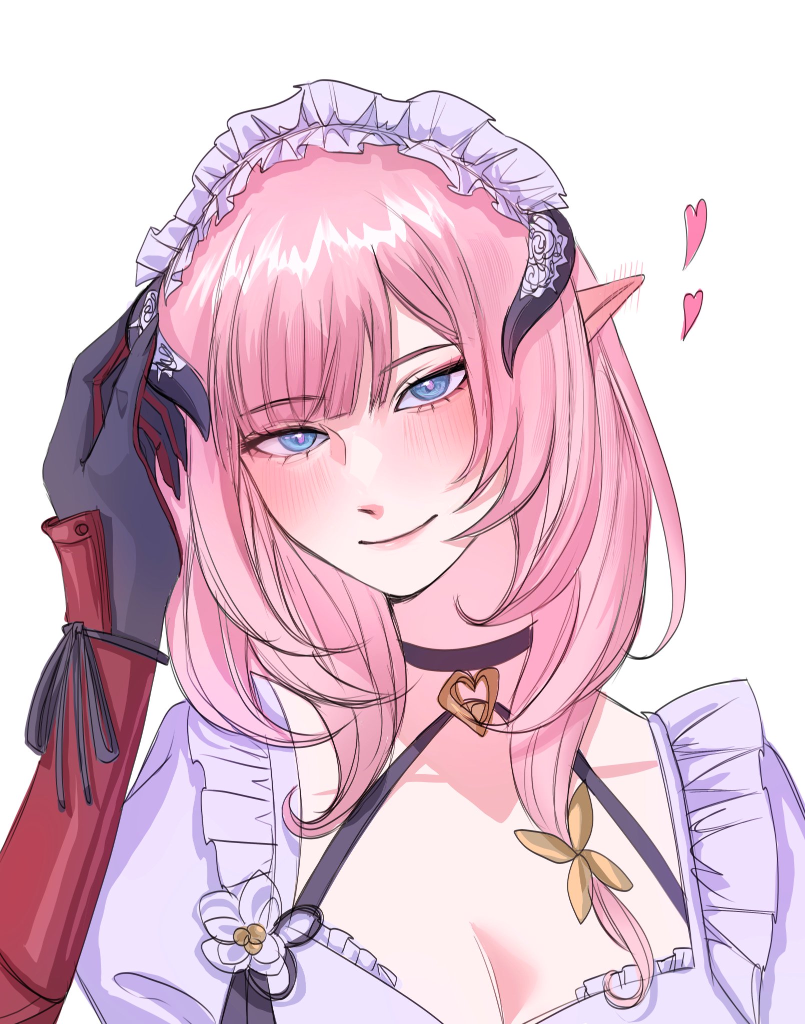 the image depicts a cute anime girl with long pink hair. she is wearing a white maid dress with a black ribbon choker and a white and blue maid headband. she has a blush on her cheeks and is smiling sweetly. she has two small heartshaped earrings and her black demon horns are visible under her hair. the background is a simple white. the art style is reminiscent of anime and manga, with soft colors and exaggerated features. the image is a cute and adorable depiction of a maid girl.