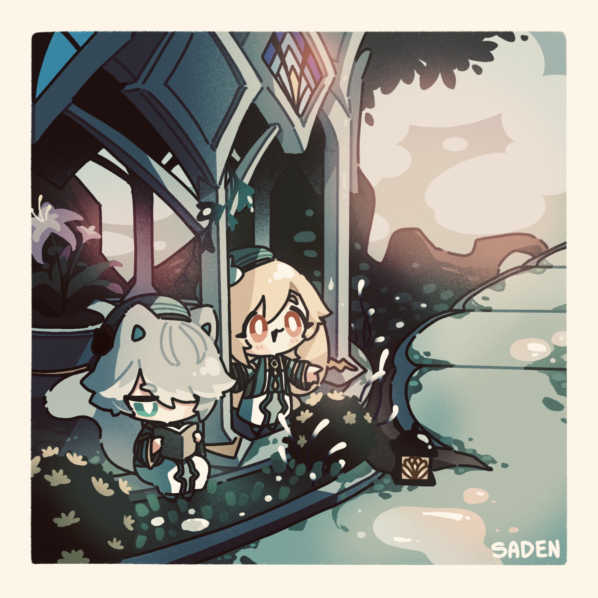 he image is a digital drawing featuring two animestyle chibi girls. one girl has silver hair and is sitting, reading a book. the other girl has blonde hair and appears to be playfully interacting with a small fountain or water feature. they are situated in a serene garden setting near a gothicstyle building, with a soft sunset or dusk light illuminating the scene. the overall style is cute and whimsical, with soft colors and attention to detail in the characters and background. the artist's signature "saden" is subtly placed in the bottom right corner.