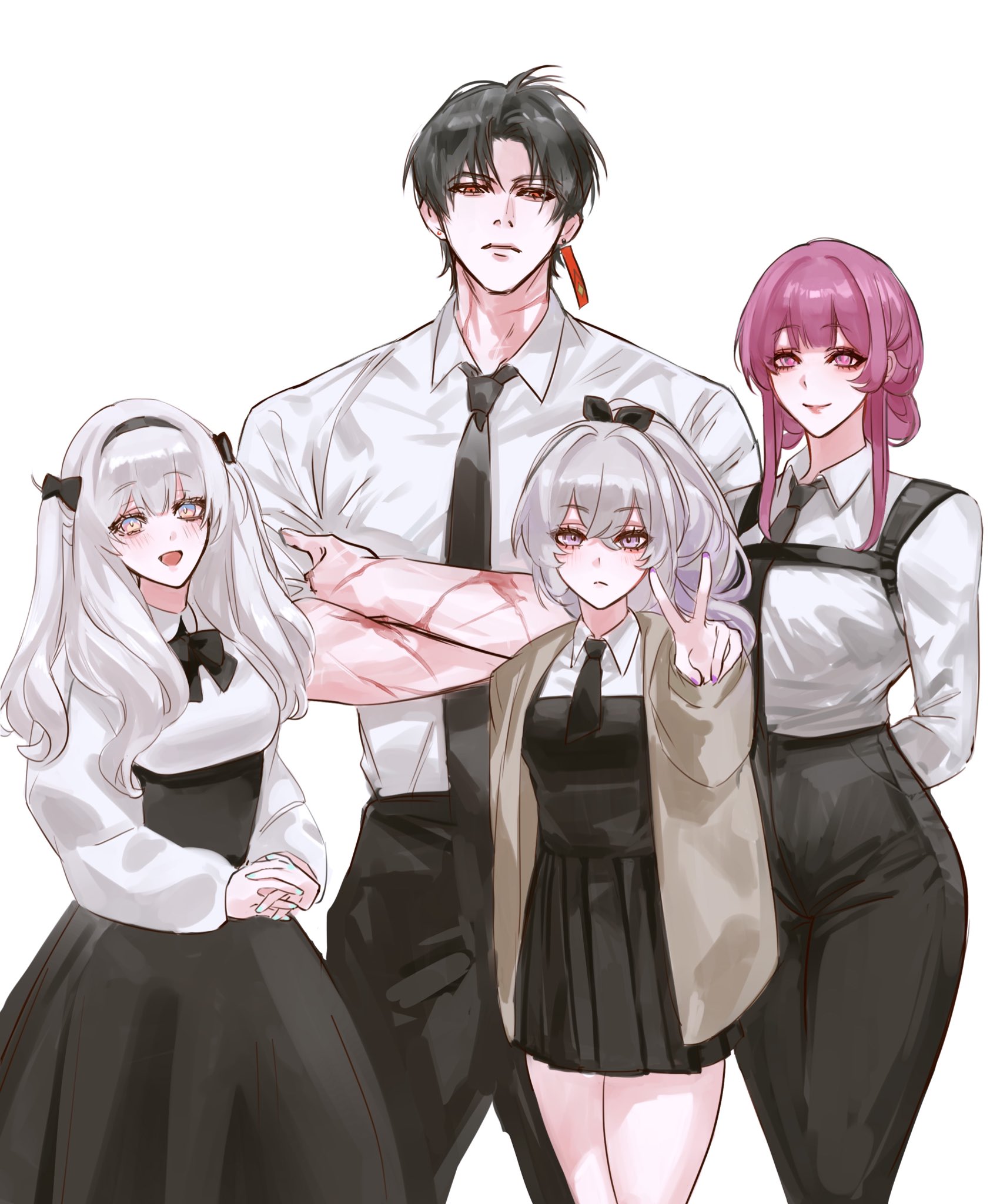 the image depicts a group of four anime characters, three girls and one boy, standing together. they are all dressed in casual clothing, with the girls wearing dresses or skirts and the boy wearing a white shirt and black pants. they are all looking at the camera with smiles on their faces, and they seem to be friendly with each other. the background is a simple white background.