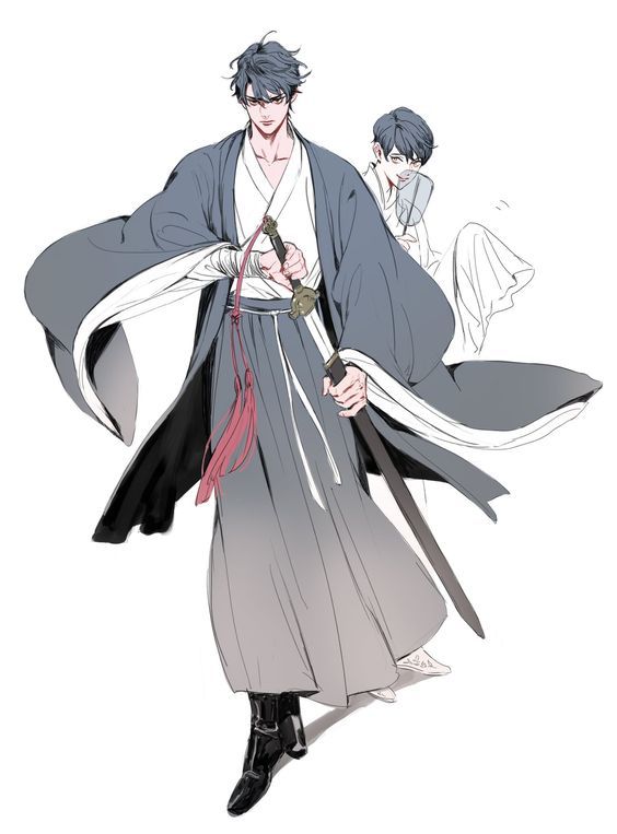the image is a digital illustration of two anime characters. the main character is a male, standing in a kimono with a sword. he appears to be a samurai or warrior, as he has a serious expression on his face. the character on the right is a man in white with a white robe on. both are drawn in a stylistic, mangainspired style.