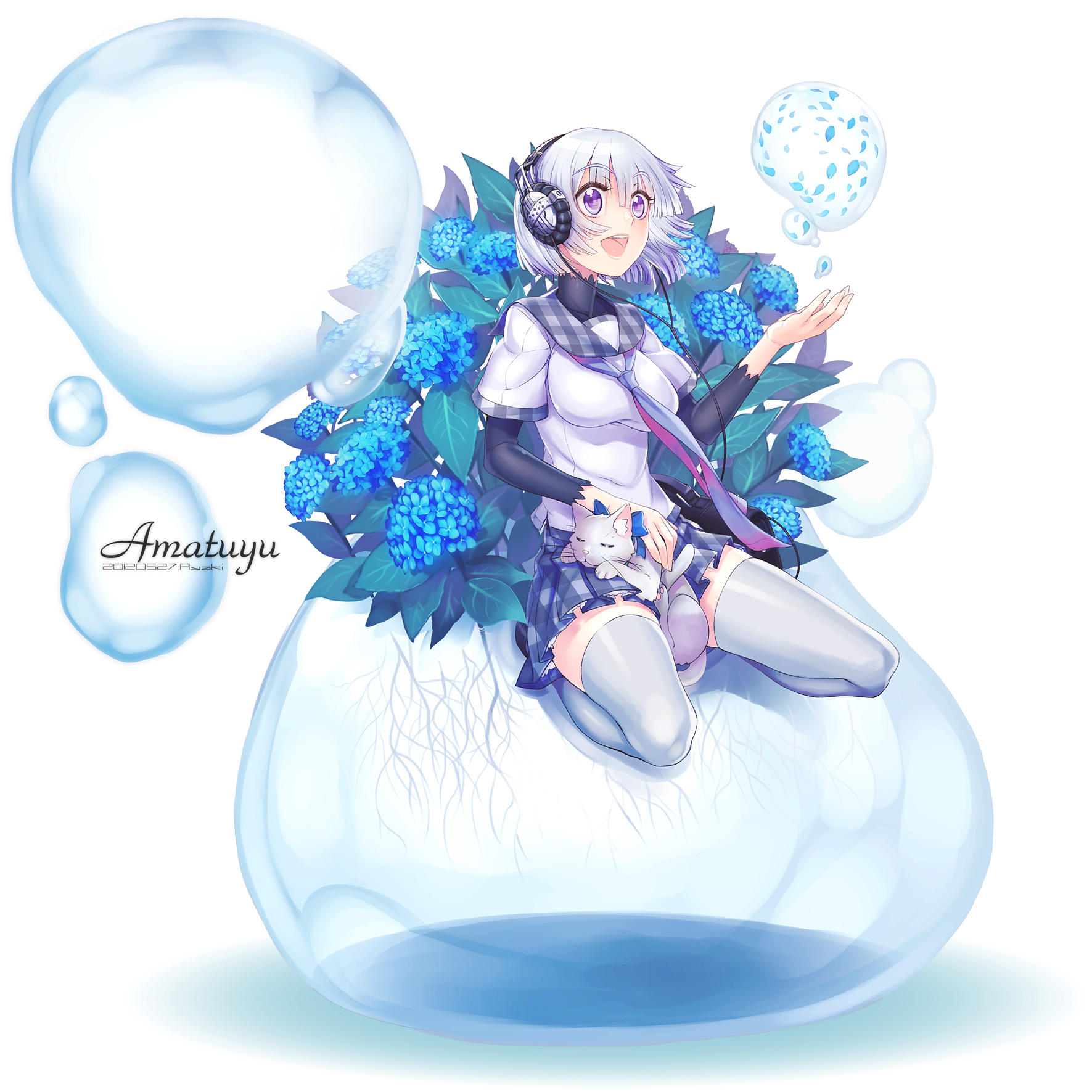 the image depicts a young anime girl with white hair and blue eyes, sitting on a large transparent bubble. she is wearing a white outfit with a blue tie and white stockings. the girl is smiling and has a white cat on her lap. she is surrounded by blue flowers. the background is a light blue. there are several smaller bubbles floating around the girl and her bubble.  the overall feel of the image is light and whimsical.