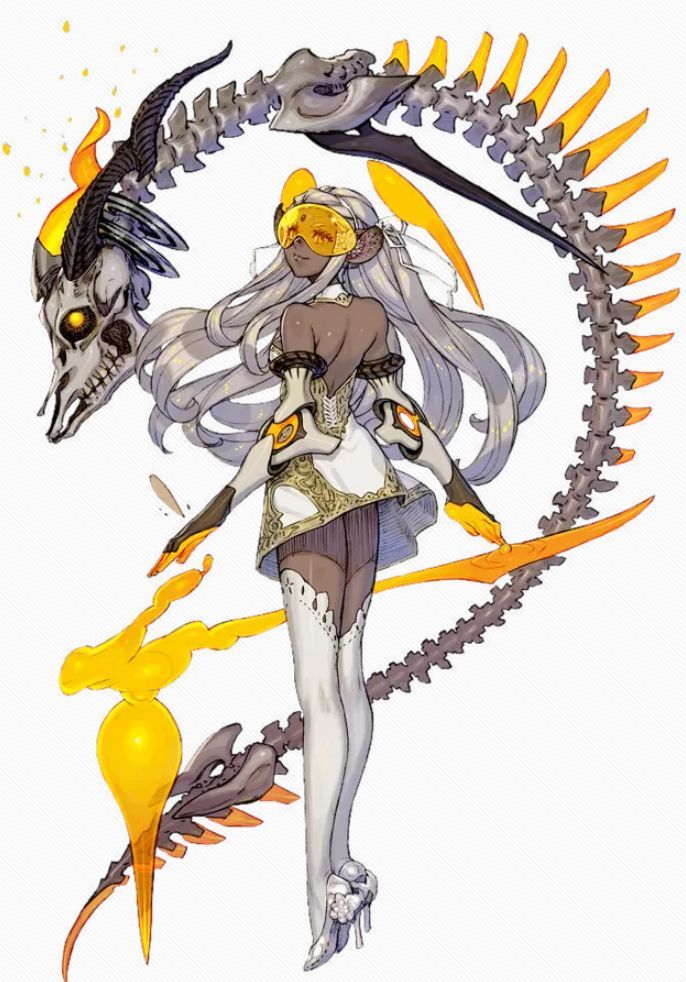 the image showcases a female fantasy character with dark skin, long white hair, and glowing eyes. she wears an ornate white and gold outfit and stands gracefully with her back turned. a large, intricate skeletal creature with a goat skull and glowing yellow accents wraps around her, suggesting a mystical connection. the white background emphasizes the character and creature, while the soft lighting enhances the overall ethereal and powerful atmosphere.