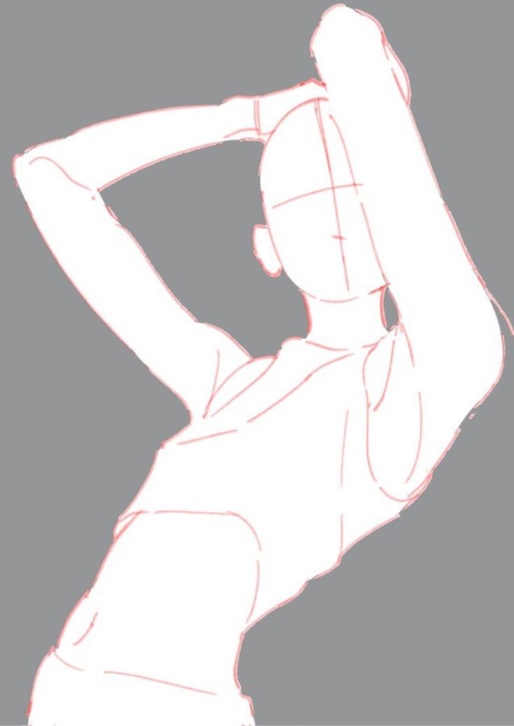 a rough sketch of a female figure in a dynamic pose. the figure has her arms raised above her head, and her head is slightly tilted. the drawing shows a woman with a ponytail. it's a digital art piece with an anime/manga style, showing the anatomical draft of a woman with her arms raised. the whole body is visible, with the figure facing slightly away from the viewer.