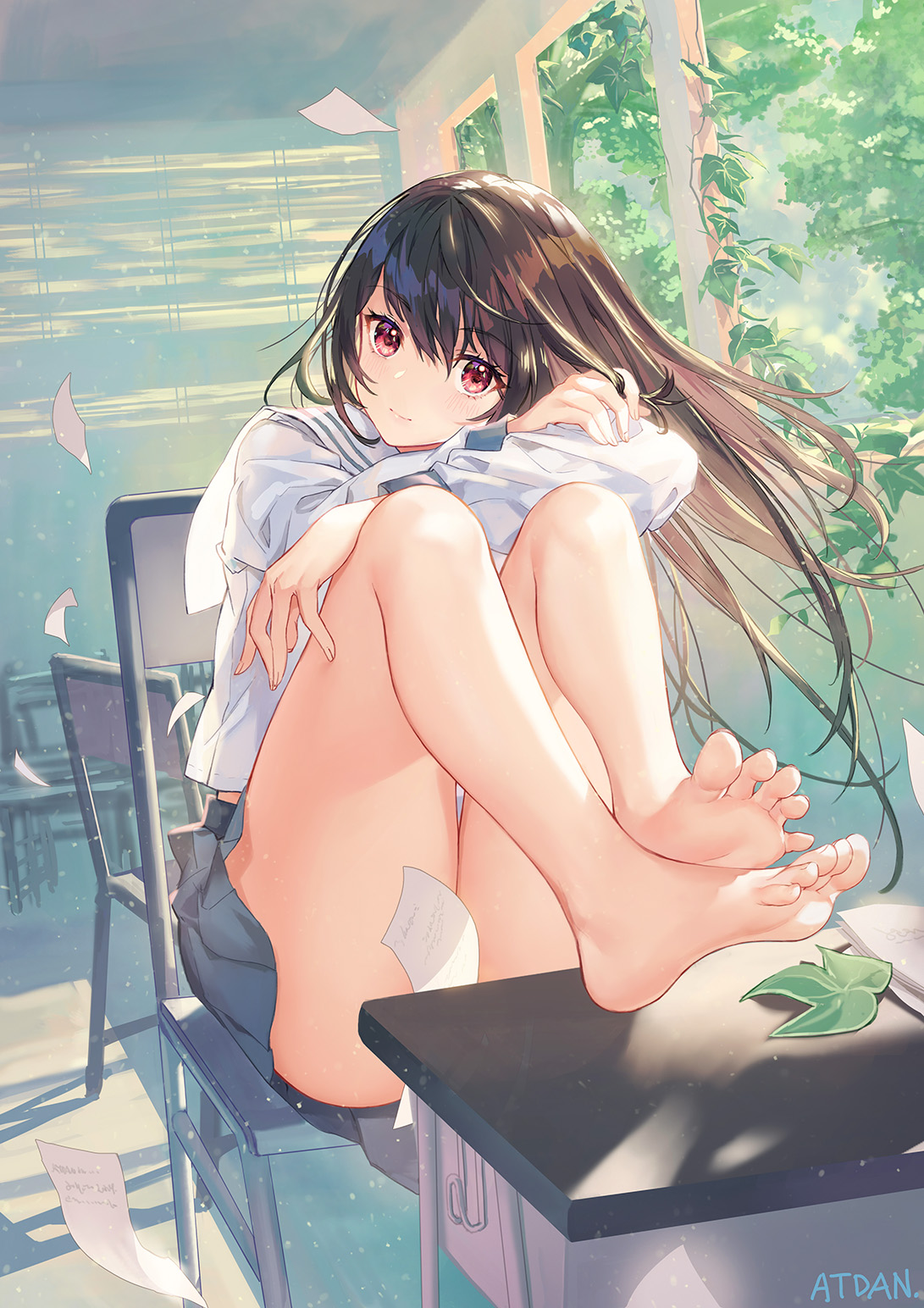 the image is a digital drawing of an anime girl sitting on a chair in a classroom. she is wearing a school uniform and has long brown hair and red eyes.  she's sitting with her legs crossed, bare feet visible. papers are scattered around her, and sunlight streams into the room from a nearby window with visible greenery outside. the overall mood is peaceful and serene. the style is soft and colorful, typical of anime artwork. the artist's signature, "atdan," is visible in the bottom right corner.