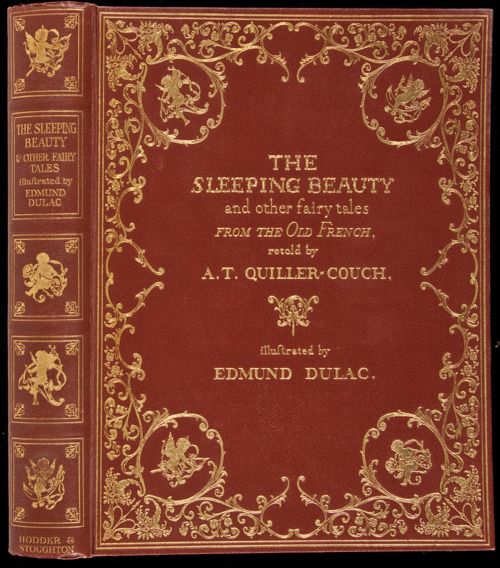 the image is a book cover for "the sleeping beauty and other fairy tales" retold by a.t. quillercouch. the cover is a beautiful example of art nouveau design with intricate gold patterns framing a burgundy background. the title is printed in gold lettering at the top of the cover, with the author's name below and the illustrator's name at the bottom. the spine of the book is visible and also features intricate gold designs, including small illustrations of fairy figures. the book was published by hodder & stoughton.
