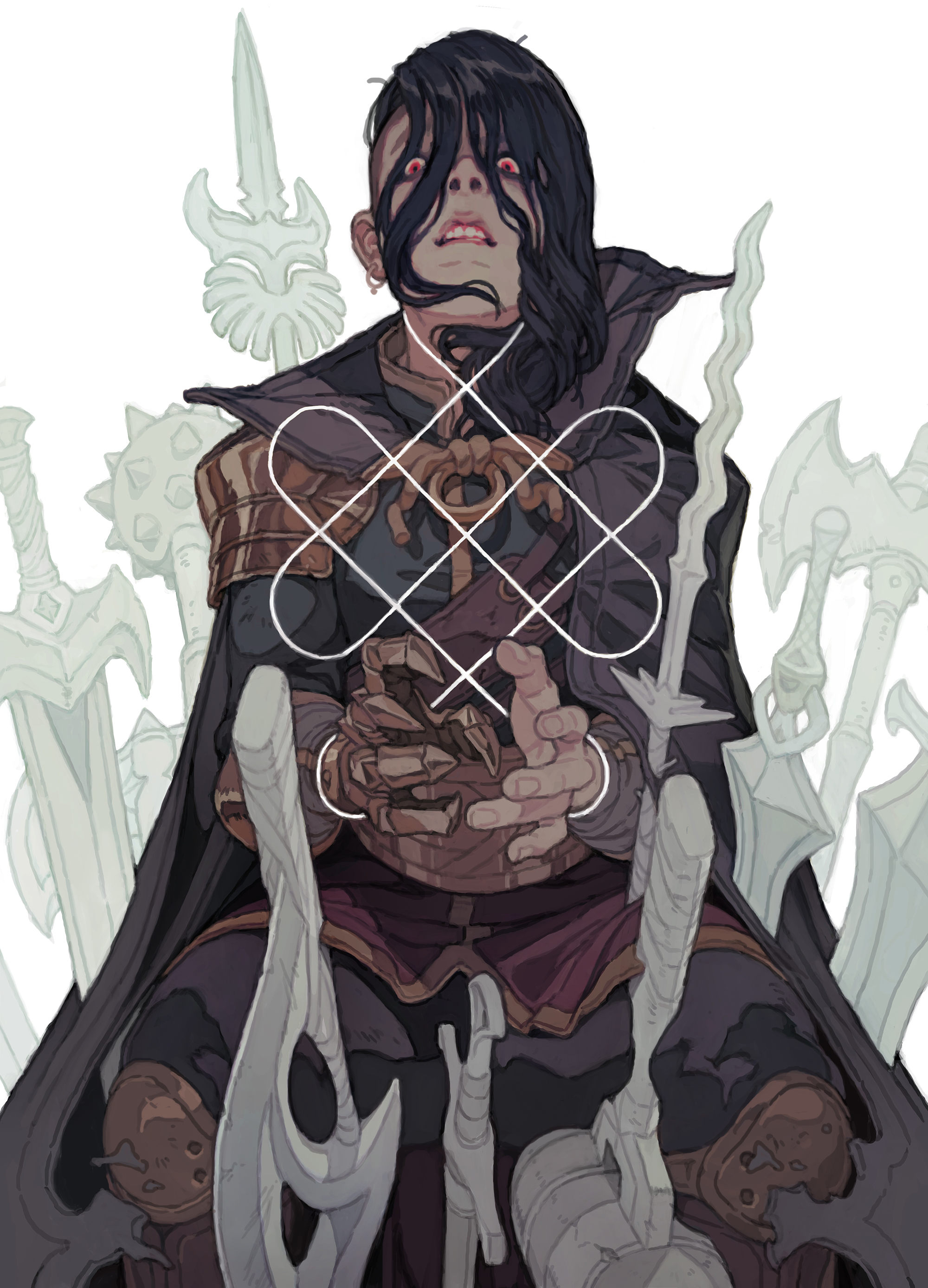 a fantasy illustration of a dark, cloaked man seated on a throne of swords. he has red eyes and wears metal gauntlets. he has a menacing look on his face.
