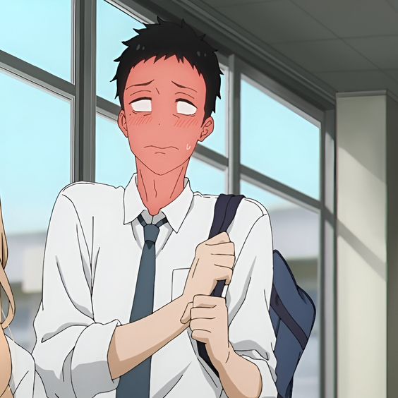 a cartoon drawing of a male character with short black hair and brown eyes, wearing a white shirt, blue tie, and carrying a blue backpack slung over his shoulder. he is blushing intensely and appears nervous or embarrassed, with his hands clasped together in front of him. he is positioned in a welllit hallway with windows, suggesting a school setting.
