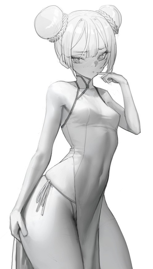 the image is a grayscale digital drawing of a young woman, possibly an anime character. she is depicted from the hips up, with her body slightly angled to the side. she's wearing a white cheongsamstyle dress with a high slit, revealing her legs. the dress is simple yet elegant, clinging to her body and accentuating her curves. her hair is styled in two high buns, decorated with braids. her expression is somewhat coy and suggestive, one hand playfully touching her chin. the overall style of the drawing is suggestive, but not overtly sexual, more implying allure through the pose and attire. the shading is subtle, giving depth and form to the figure. the background is plain white, allowing the figure to stand out prominently. the art style is reminiscent of contemporary digital illustration with emphasis on realistic body proportions and clothing details, typical of stylized animeinspired art.