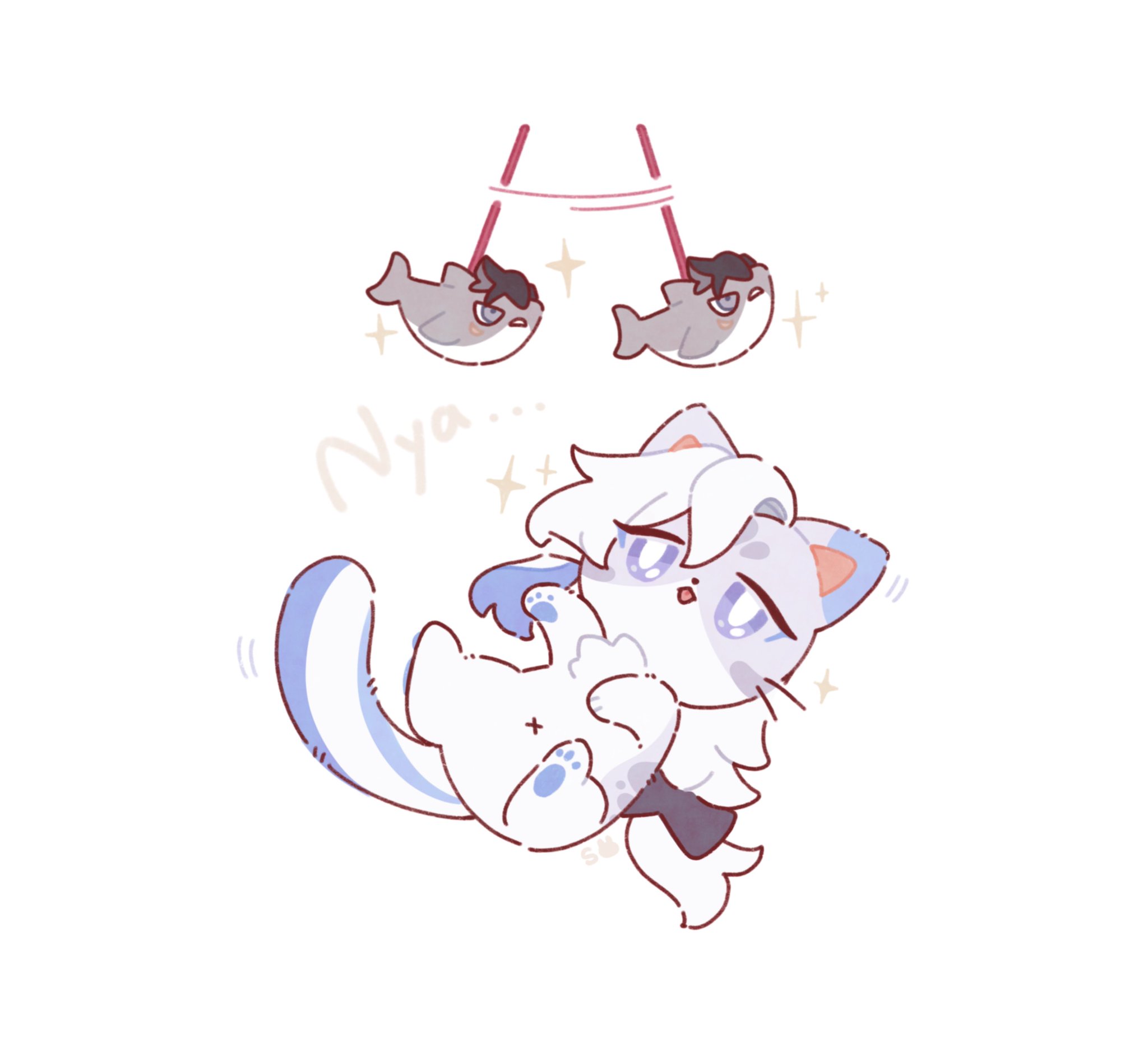the image is a cute and whimsical illustration of a chibistyle cat character. the cat is white and blue, with large eyes and a playful expression.  it's holding onto itself while two small pufferfish hang above it on sticks.  the overall style is very soft and pastel, with added sparkles. the word "nya" is written above the cat, a common onomatopoeia for a cat's meow. the scene is lighthearted and cheerful.