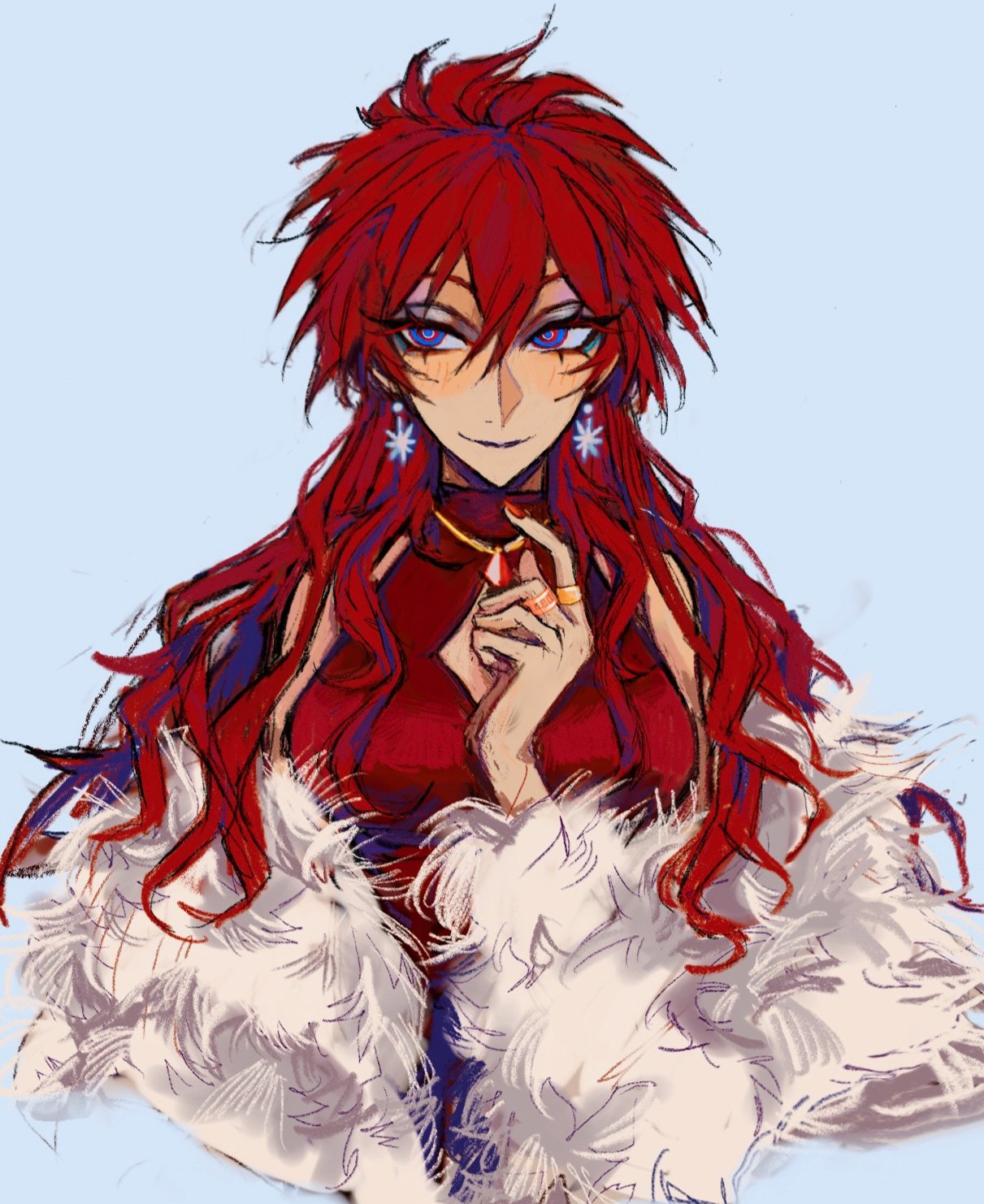 the image is a digital painting or illustration in an anime style. it depicts a young woman with long, vibrant red hair styled in a somewhat wild fashion. she's wearing a deep red, formfitting dress and a large, fluffy white fur stole or cape. her eyes are a striking blue, and she's adorned with snowflakeshaped earrings and a gold ring.  she has a confident and slightly mischievous expression on her face, with her hand delicately touching her neck and a gold ring on the other. the background is a simple light blue, allowing the character to be the focal point. the art style is painterly and loose, with visible brushstrokes adding texture and movement. the overall impression is one of elegance and a slightly mystical or otherworldly quality.