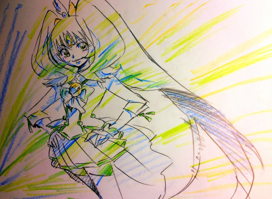 the image is a drawing of a blonde anime girl in a magical girl outfit striking a pose with a bright yellow and green background. the style of the drawing mimics the look of a production cel with visible linework.