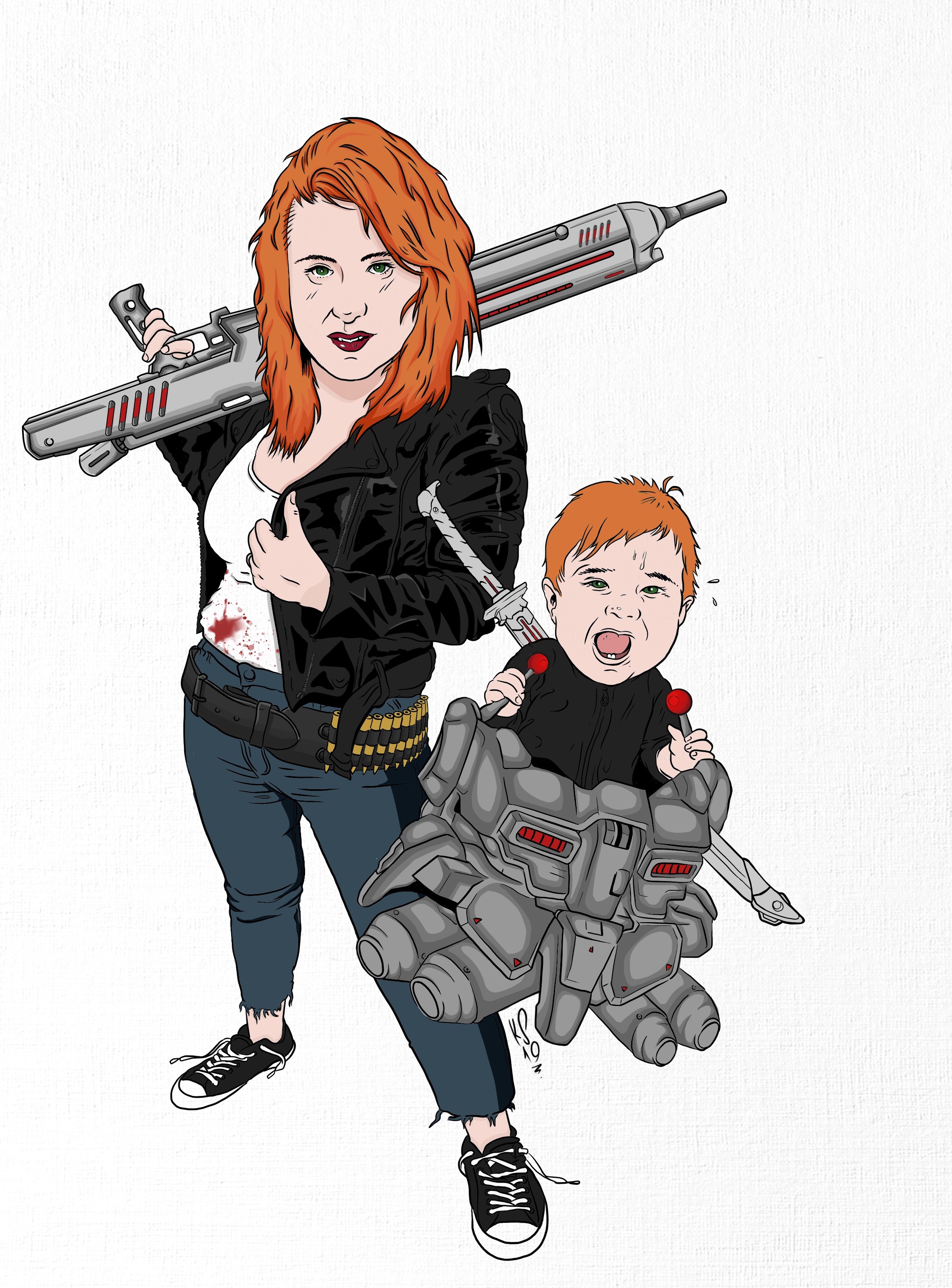 he illustration showcases a powerful redhead woman, clad in a black leather jacket and jeans, carrying a large futuristic weapon. she has a small, redhaired child strapped into a miniature mecha or robot suit.  the woman appears tough and determined, while the child looks slightly distressed. the style is a blend of comic book art and digital illustration with a gritty, slightly exaggerated feel. the overall scene evokes a sense of action, adventure, and a protective motherson bond.