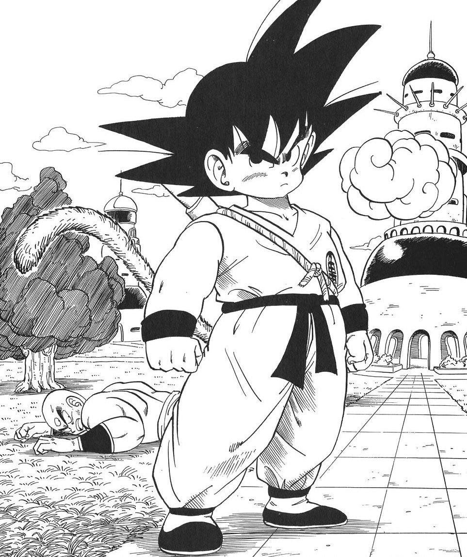 this is a black and white manga illustration of a young goku standing triumphantly over a fallen opponent. the setting appears to be outside a large domed building. goku is in his classic martial arts attire with his signature spiky hair and monkey tail. the scene is full of action and energy, showcasing goku's fighting prowess.