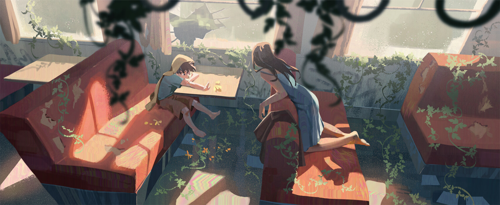 two young people are sitting on a red couch, the boy is looking down while the girl is looking away from the viewer. they are inside a cafe, and leafy vines are climbing the wall, creating a summery, relaxed vibe. the sun shines through the window, casting a warm light on the scene. the overall atmosphere is peaceful and calm.