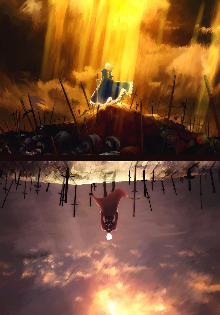 the image is a striking digital painting or illustration, possibly fan art, depicting a scene reminiscent of the fate series.  the top half shows a figure resembling saber (artoria pendragon) standing atop a hill strewn with fallen swords and what appears to be a battlefield of fallen soldiers, bathed in a golden, heavenly light.  the bottom half is a mirror reflection, or perhaps a contrasting parallel scene, showing a figure that resembles archer (gilgamesh) hanging upside down in a similar setting, but with a more somber, sunset/sunrise sky. the strong contrast in lighting, pose, and overall mood creates a visually impactful representation of perhaps opposing forces or contrasting fates. the artistic style is highly detailed and evocative, with a focus on atmosphere and emotional weight.