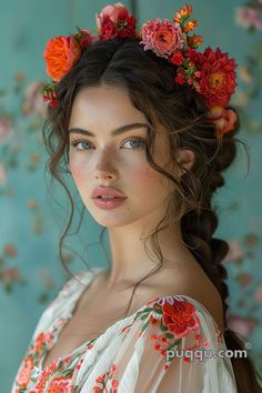 a young woman with long brown hair adorned with a floral crown poses for a portrait against a textured teal background. the soft lighting enhances her natural beauty, highlighting her delicate features and the vibrant colors of the flowers. she wears a white floralembroidered top.