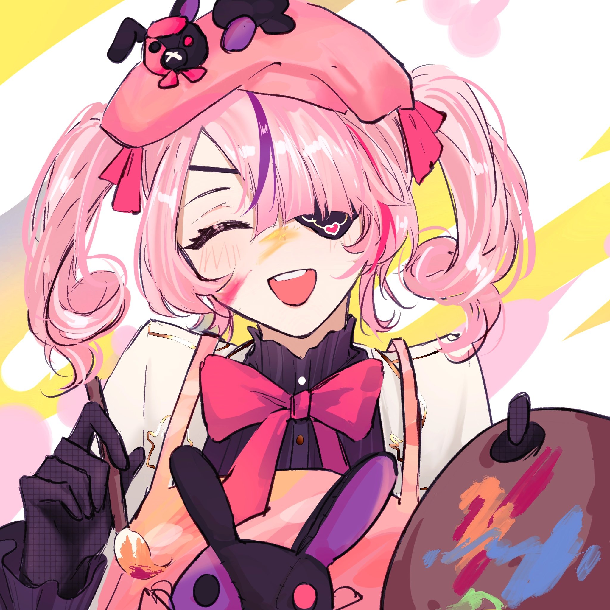 a cute anime girl with pink hair and a big smile is holding a paintbrush and a palette. she's wearing a pink hat with a black bunny on it and a pink apron. she's looking at the viewer and seems excited to be painting. she is surrounded by colorful paint splatters. the art style is very colorful and expressive, with a lot of detail in the characters and the background.
