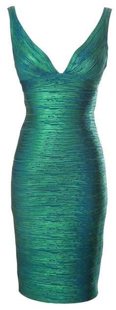 a stunning green bandage dress with a deep vneckline and a figurehugging silhouette. it is sleeveless and appears to be a designer piece, ideal for a formal event or evening wear. the dress is elegant, glamorous, and exudes a sophisticated charm.