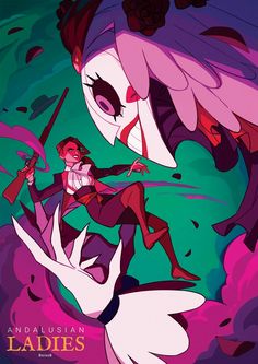 a stylized illustration for a story titled "andalusian ladies." a woman in a white shirt and brown pants, reminiscent of a matador, leaps dramatically away from a large monstrous figure. the figure has white skin, a large ruffled collar, and a masklike face with exaggerated red lips and a single large eye.  the background is a dark teal with abstracted pink floral shapes.