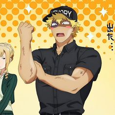a digital drawing of a muscular blonde man with an orange background and white sparkles. he has a smug expression and is showing off his muscles. there is a blonde woman on the left side of the image looking at him, but she is cut off.  the man is wearing a black shirt, black pants, and a black hat with "upkeep" written on it in white.