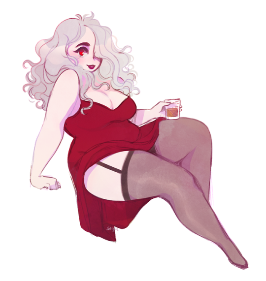 the image showcases a confident, plussize woman with flowing white hair and striking red lipstick. she's wearing a short, red dress with a plunging neckline that accentuates her curves. black garters peek out from beneath the hem of her dress, adding a touch of sensuality. she sits gracefully, one leg elegantly crossed over the other, and holds a glass with an amber liquid, perhaps whiskey, in her hand. her gaze is direct, conveying both allure and selfassurance. the art style is reminiscent of pinup illustrations, characterized by exaggerated features and a focus on feminine beauty.