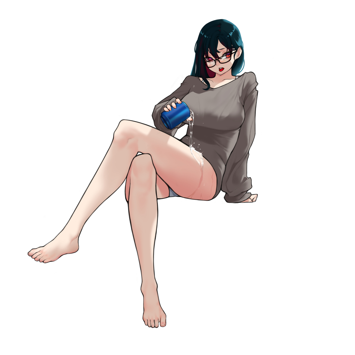 a young woman with long dark hair and glasses is sitting on the floor. she is wearing a grey sweater and shorts. she is pouring water from a blue cup onto her leg. the background is white.