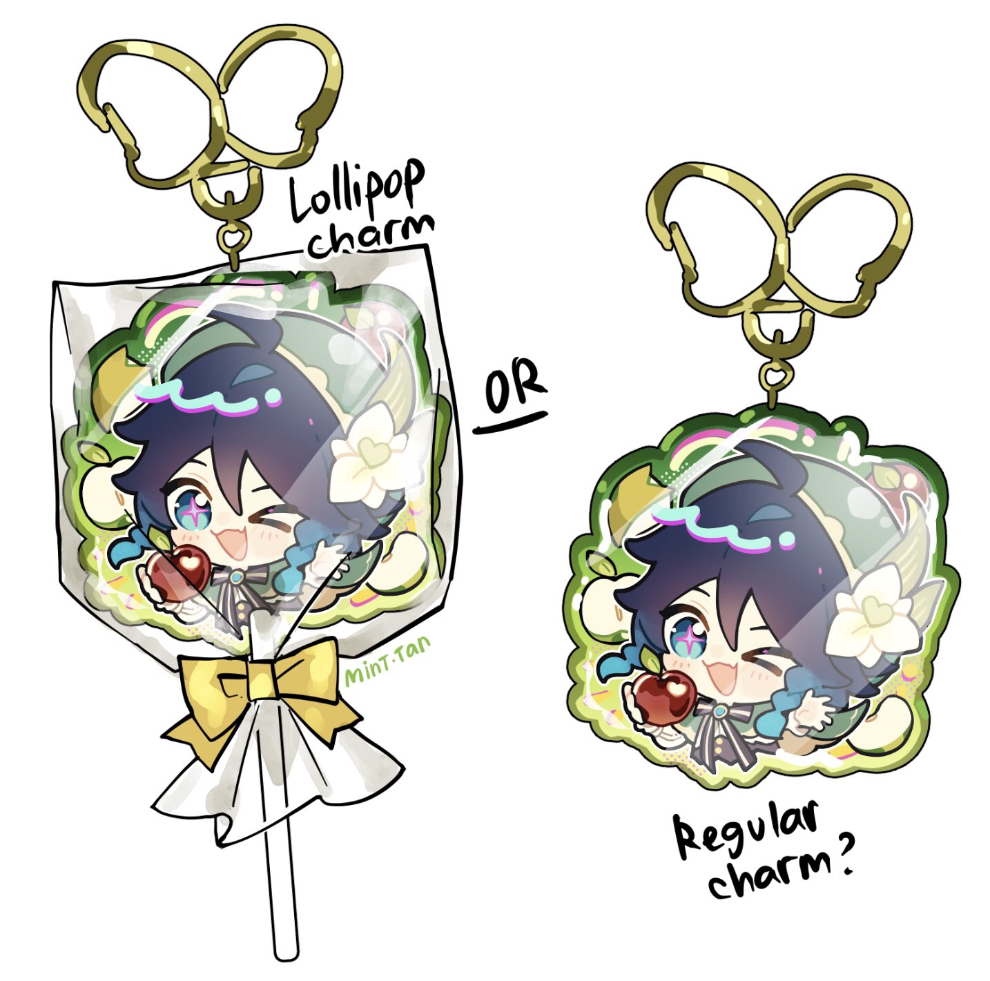 the image shows two different keychain designs of a chibi anime character. the character is a boy with dark blue hair and a green hat, with a transparent background showing the character inside a lollipop. the first design is of a keychain with a lollipop charm, while the second design is of a regular charm with a solid background. both charms are surrounded by their respective key rings.  the image is drawn in a cute and colorful anime style.