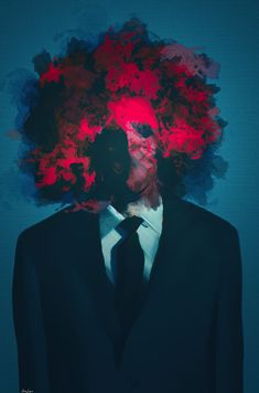 the image is an artistic and abstract portrait of a man in a suit against a blue background. the man's head is obscured by a vibrant and dynamic explosion of red and pink hues, resembling smoke or paint. the man wears a black suit and a black tie. the lighting in the image is evocative of a studio setup, focusing on the subject and creating a sense of depth and drama.