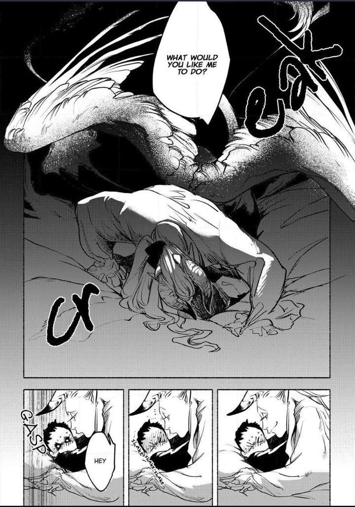 a man is lying in bed, a dragon is curled up on top of him. the dragon asks the man "what would you like me to do?". the man is shocked and looks scared.  the image is from a manga comic.