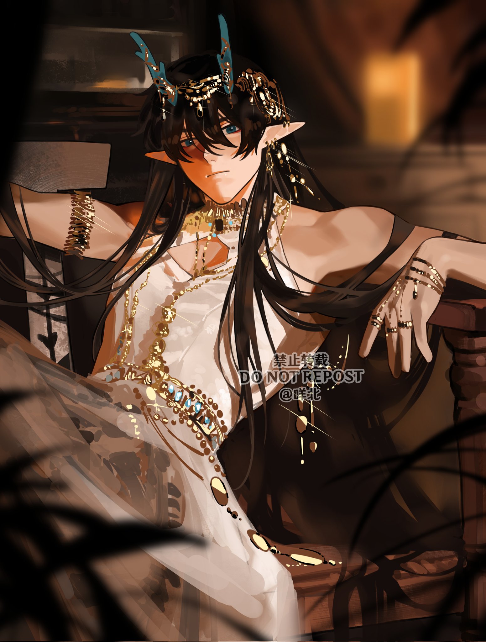 the image features a  handsome male anime character with long black hair, dressed in a lavish white and gold outfit,  with gold jewelry, adorned with  horns on his head. he is sitting  on a  golden throne with  a serious expression on his face.   the illustration is  stylized and  digitally created, depicting a  fantastic and imaginative scene.