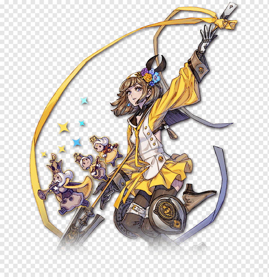 a young girl with short brown hair and a flower crown is the focus of the image. she's wearing a primarily yellow and white dress, kneehigh brown boots, and long white gloves, one of which holds a yellow ribbon that trails behind her. she's in midair, her body angled dynamically as if she's just landed after a jump. accompanying her are four small, sheeplike creatures with fluffy white wool and golden accessories. one of the creatures holds a trumpet, adding to the celebratory feel of the image. the background is simple, allowing the figure and the creatures to stand out.