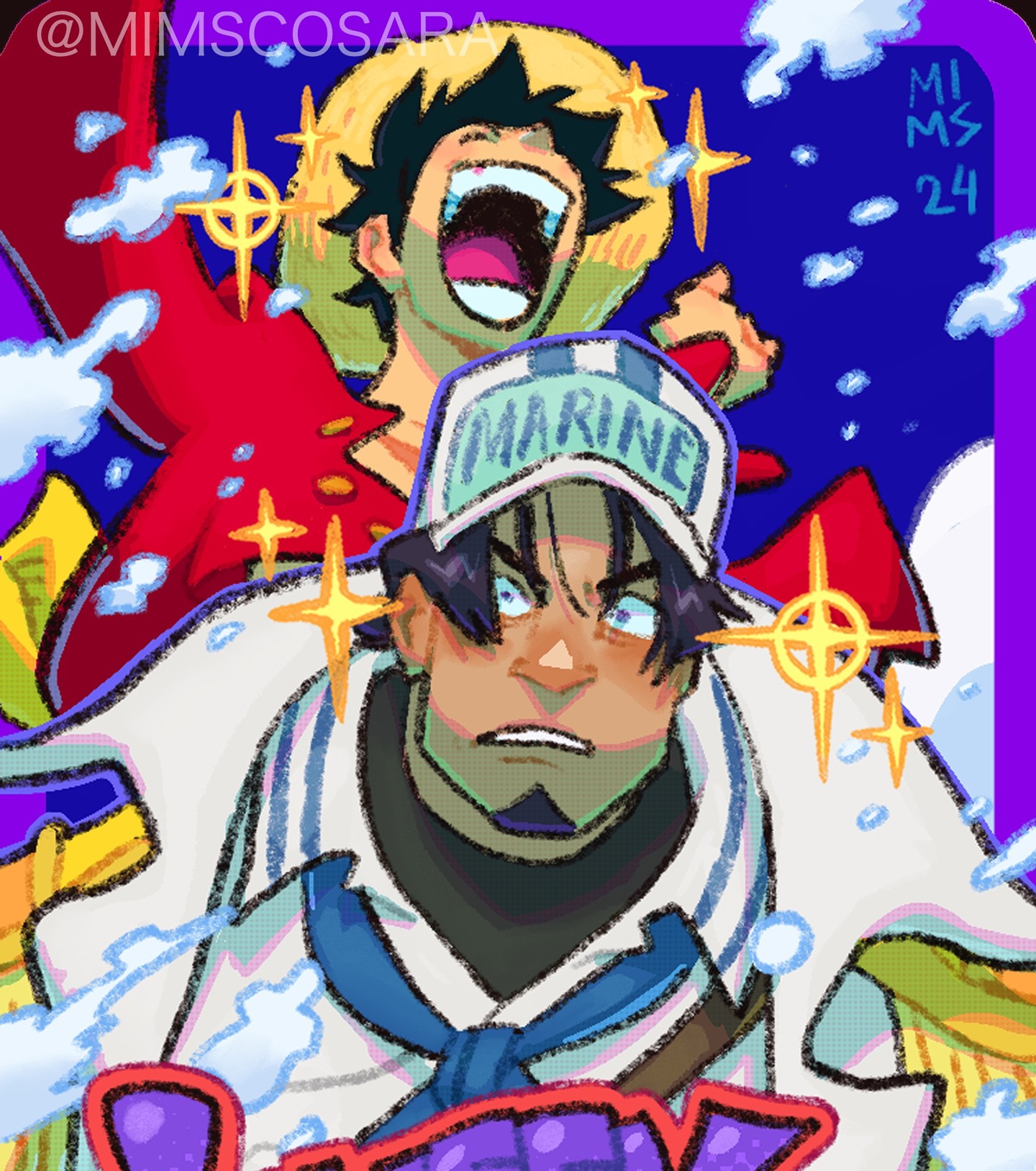 the image is a vibrant digital fanart depicting two one piece characters.  luffy, easily recognizable by his straw hat and red jacket, is shown in a dynamic pose with his mouth open in a joyful shout.  he's positioned behind a marine character, who is similarly expressive but with a more determined countenance. the art style is loose and energetic, utilizing bright colors and dynamic linework.  the background features stylized clouds and sparkling effects, enhancing the playful atmosphere of the piece. the overall impression is one of excitement and friendly collaboration. the artist's signature, "@mimscosara," is visible in the upper left corner, along with a smaller signaturelike marking in the upper right.