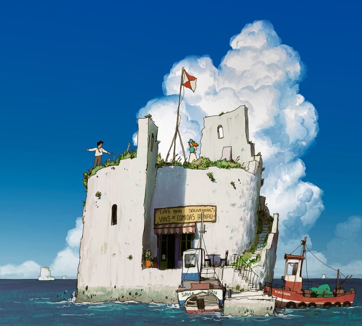 he image depicts a charming, small, whitestone building perched atop a rocky island in the middle of a calm, blue ocean. the building, which appears to be a combination of a cafe and souvenir shop, is partially in ruins, with one wall missing, revealing the sunny, blue sky beyond. two boats, one white and one red, are moored at the small dock.  a man and a woman, presumably tourists, stand on the roof of the building, enjoying the view. the scene is bathed in warm sunlight and the overall atmosphere is peaceful and idyllic. the style of the image is whimsical and painterly, evoking a sense of adventure and wanderlust.