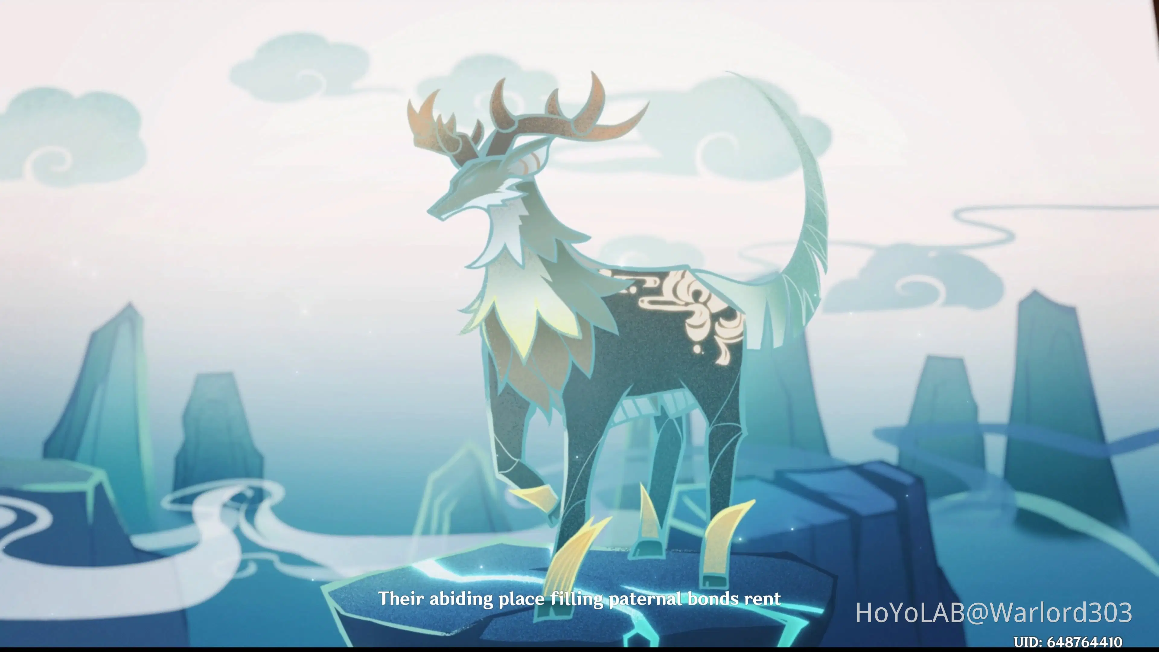 a glowing, translucent deer with large antlers stands on a rock formation in a mountainous landscape. the background is a light blue and green color, with wispy clouds floating through the sky. the deer has a blue and green color scheme with some gold highlights, and it appears to be made of light. the image is in a digital art style and has a fantasy or mythical feel.