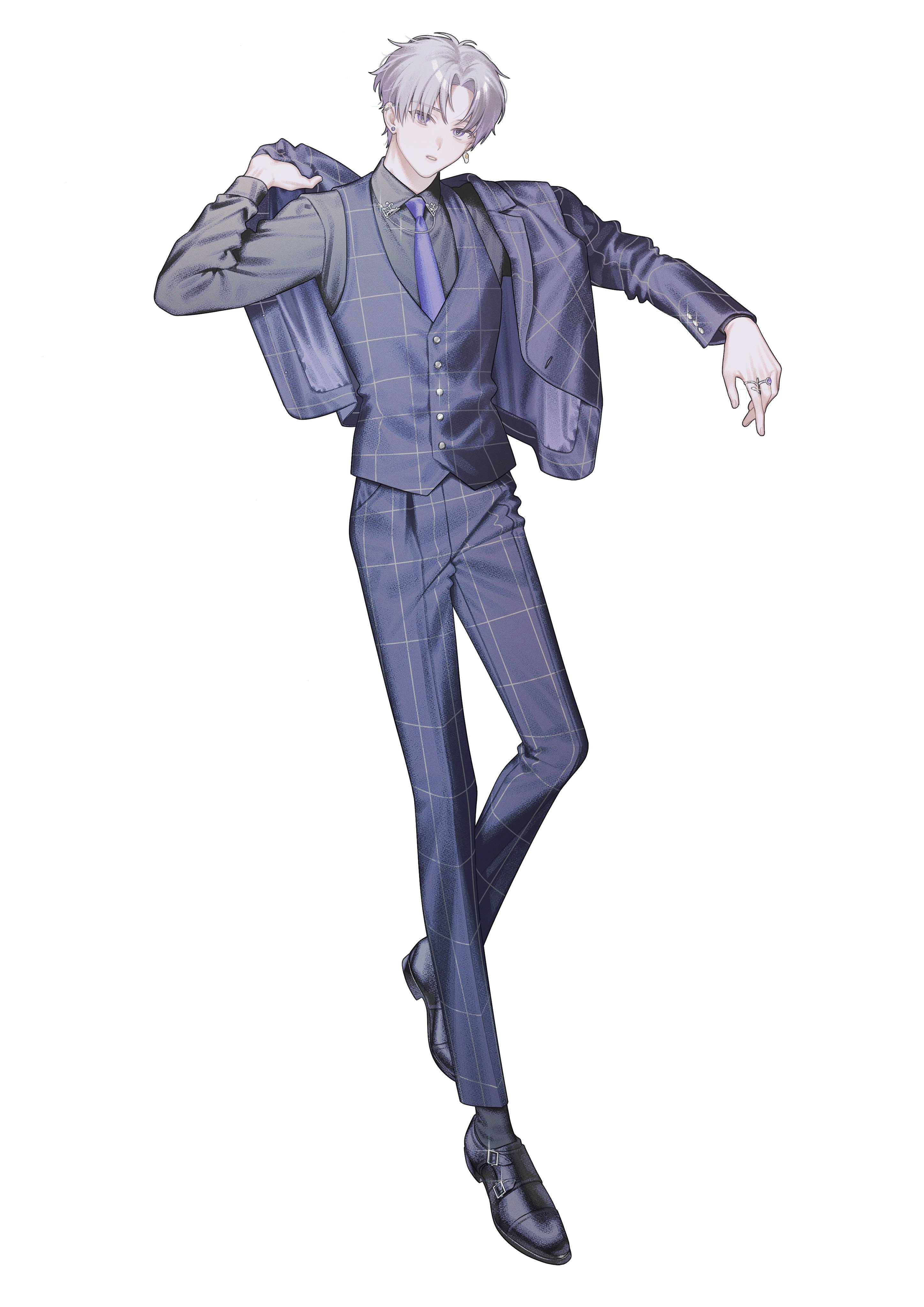 he image is a digital illustration of an animestyle young man. he is depicted in a stylish pose, wearing a blue plaid suit with a vest and tie. the suit jacket is draped over his arm. the character has silver hair and light skin. the overall aesthetic is elegant and cool. the image is welldrawn and has a high level of detail.
