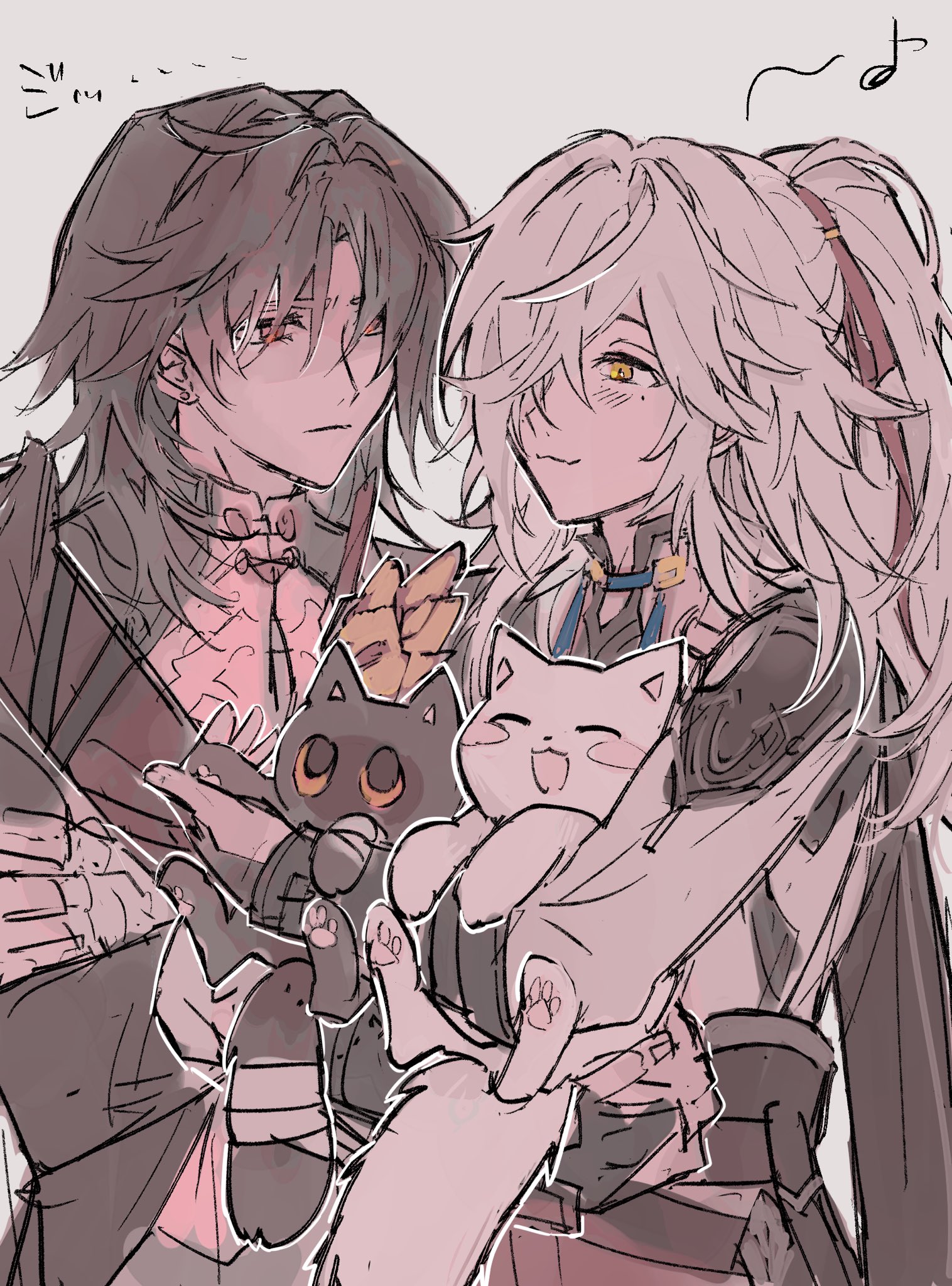 this is a digital illustration featuring two animestyle characters, a boy and a girl. they are both smiling and hugging each other, while holding two cats. the girl has long white hair, wearing a dark purple dress, while the boy has short black hair and is wearing a dark brown jacket with a white collar. the background is a light gray color with some simple lines representing a musical note. the image overall conveys a sense of love, affection, and happiness.