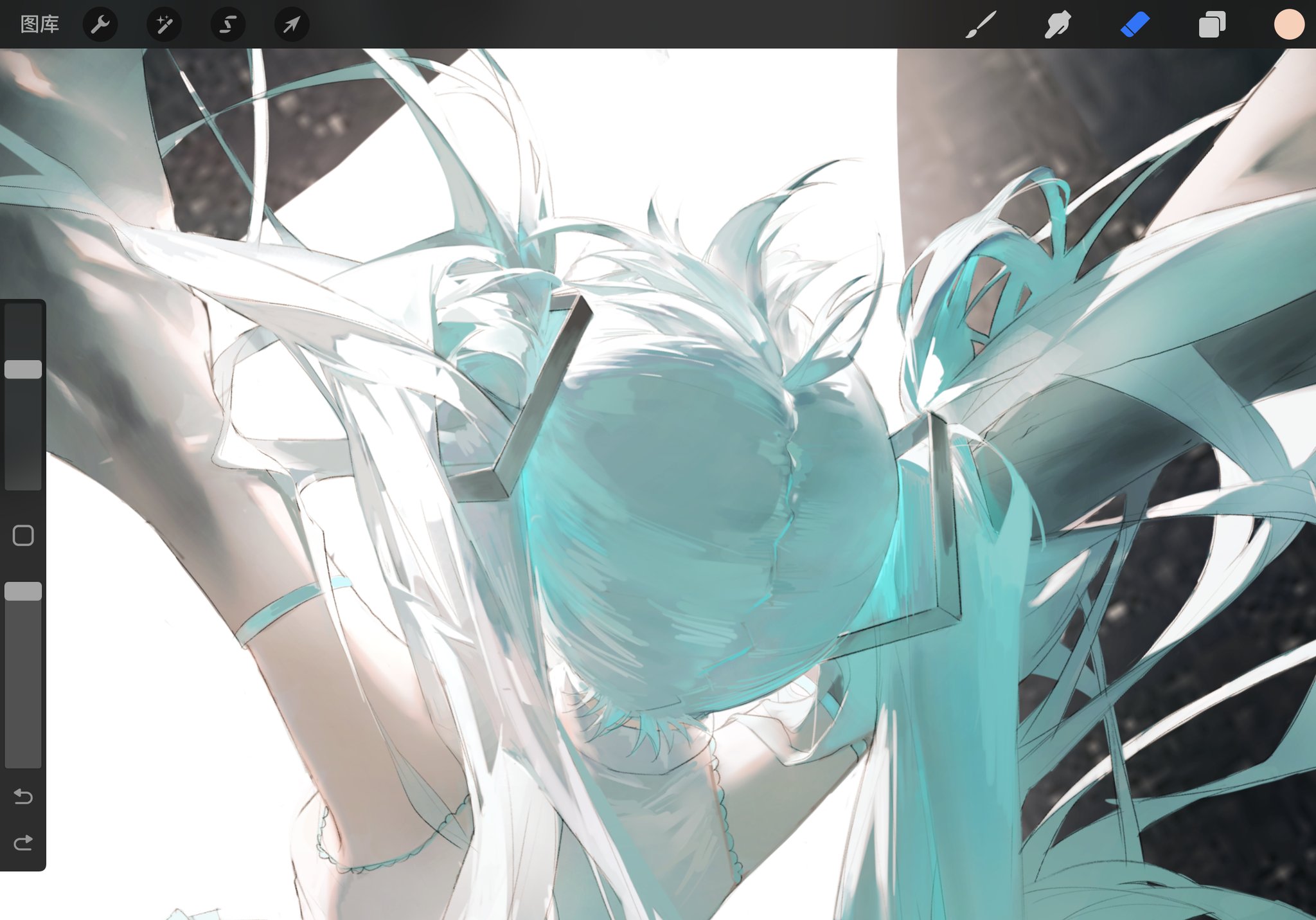the image is a digital painting or illustration of an animestyle female character.  her long, flowing hair is a mixture of teal and white, appearing light and almost ethereal. the style is very artistic and stylized, with less focus on sharp lines and more on conveying a mood and texture through light and shadow.  the hair flows dynamically, giving a sense of movement. the image is a closeup, focusing on the character's head and shoulders. the background is mostly white, allowing the character to stand out.  the image shows what appears to be a digital painting software interface in the upper left corner, suggesting the image is a work in progress. the color palette is primarily light and cooltoned, creating a calming and serene atmosphere.