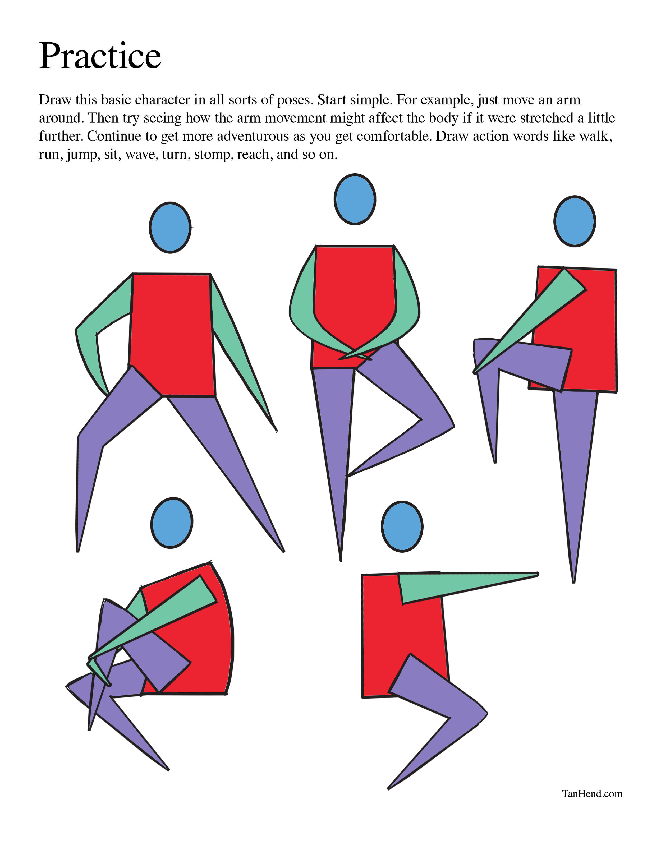 the image is a drawing tutorial or exercise sheet.  it features a simple, geometric character design composed of basic shapes like circles and rectangles in various colors (red, purple, teal). the instruction is to draw this character in a variety of poses, starting simply and progressing to more complex actions. examples are given showing the character in different positions, implying movement and action, such as sitting, standing, jumping, reaching, etc.  the text encourages experimentation and expanding on the initial character design through the use of action words. the bottom right corner displays a website address.