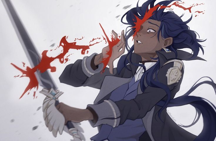 the image is a digital painting or illustration in an anime/manga style. it depicts a young woman with long dark blue hair, wearing a dark gray and blue coat that resembles a uniform with a light gray emblem on the shoulder.  she has dark skin and is holding a sword. blood is prominently featured, splattered across her face and hand, suggesting a recent and significant injury. her expression is one of pain and perhaps shock or disbelief. the overall style is dramatic and evocative of a scene of intense action or a tragic event. the background is a muted white and grey, drawing focus to the central figure.