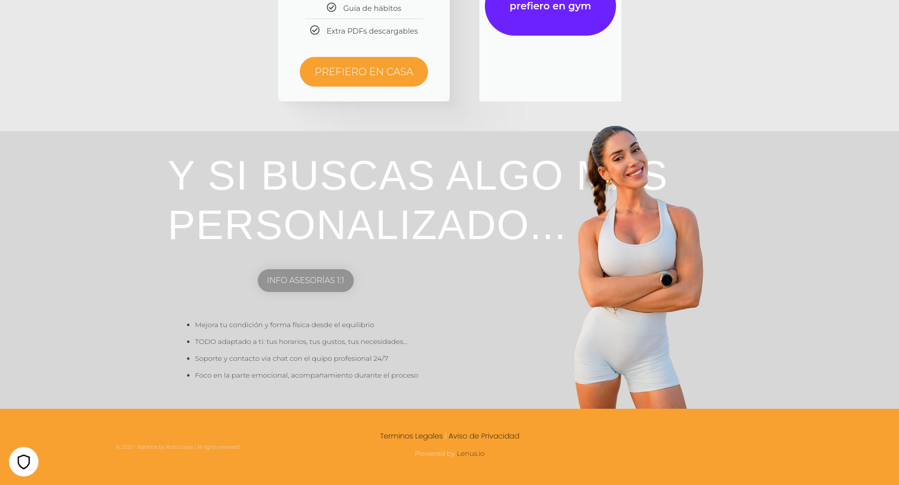 the image is a website for personal training. it features a woman in a sports bra and shorts. the text on the website says, "y si buscas algons personalizado...". it also says, "info asesorías 1:1" and lists several benefits of personal training.  the website is designed to attract people who are looking to improve their fitness and health.