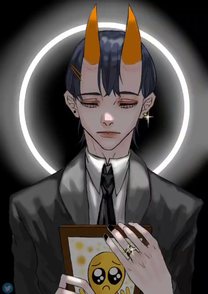 a sadlooking anime character with horns and a suit is holding a picture frame. the character is surrounded by a white halo. the picture frame contains a yellow cartoon with a sad expression. the character is likely mourning the loss of someone close to them.